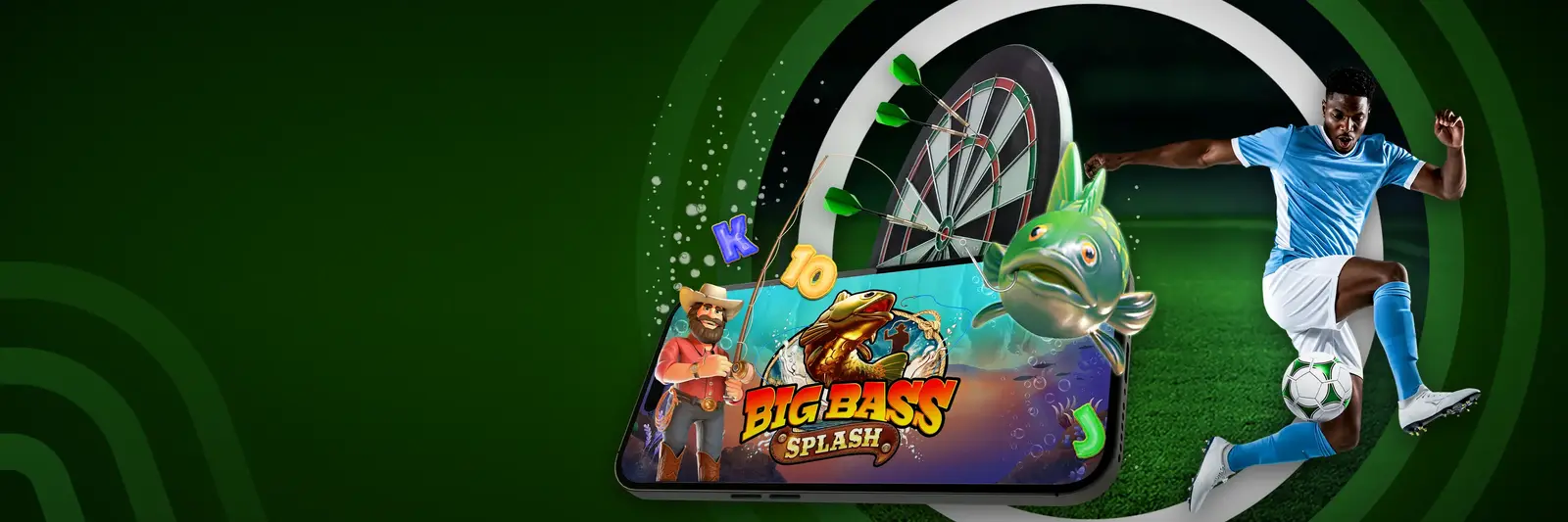 Unibet banner with Big Bass Splash on a phone, a footballer and a dartboard